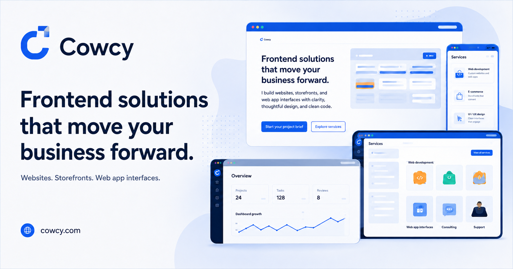 Cowcy homepage mockup shown across desktop and mobile interface layouts