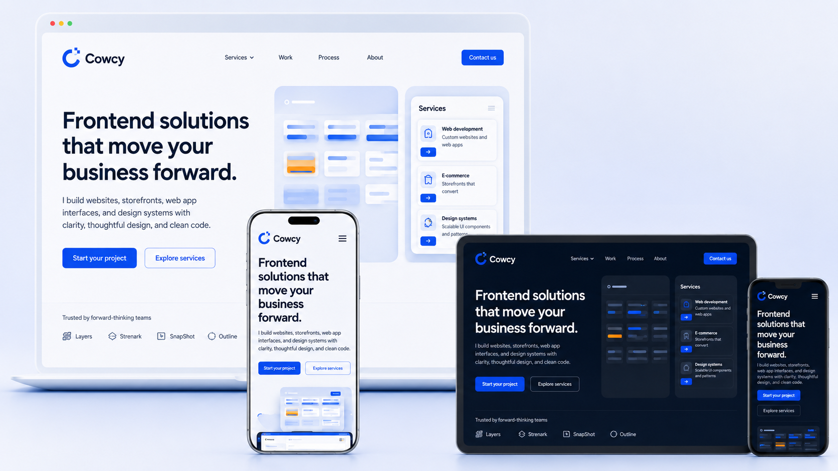 Cowcy website shown in responsive Light and Dark interface layouts