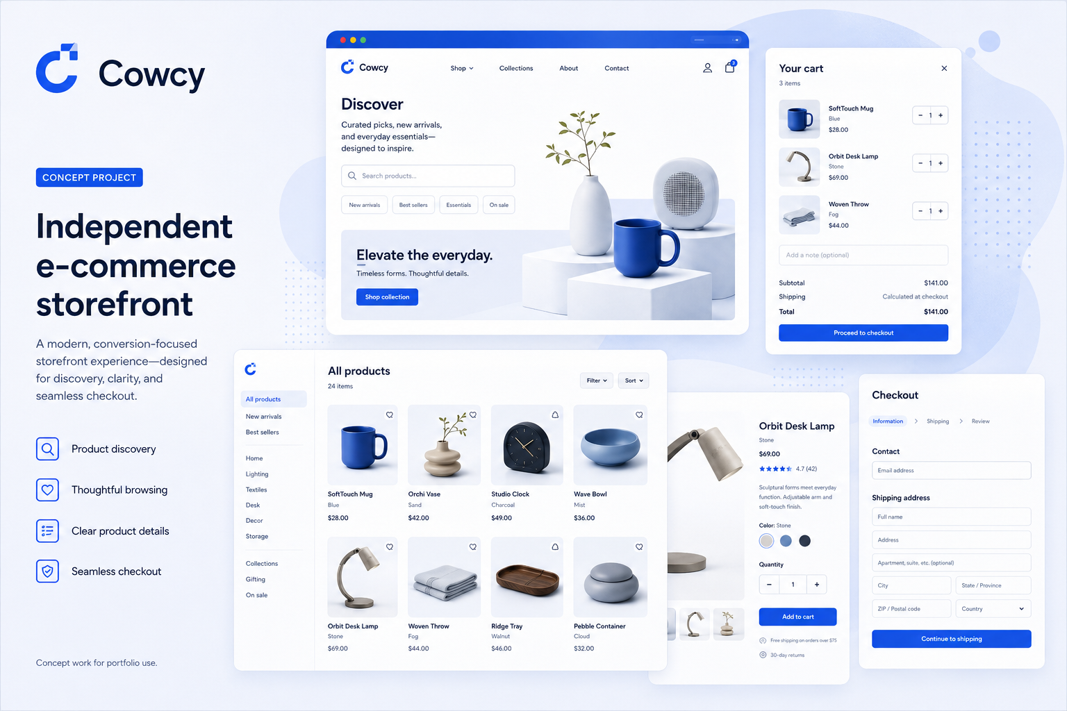 Concept e-commerce storefront with product, cart, and checkout interface states